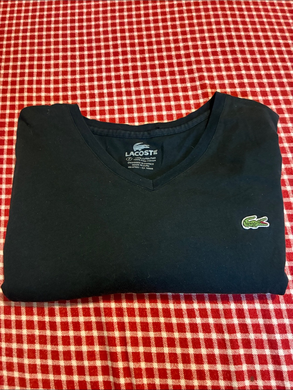 Lacoste Black V-Neck Tee with Green Crocodile Patch long sleeve